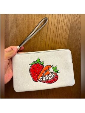 Coach Large Corner Zip Wristlet With Strawberry Graphic
